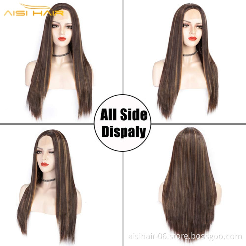 Aisi Hair Cheap Long Straight Front Lace Brown Mixed Blonde Ombre Wigs For Black Women Fiber Wigs Synthetic Highlight Hair Wigs